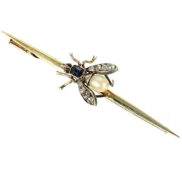 Vintage gold bar brooch with bejeweled fly